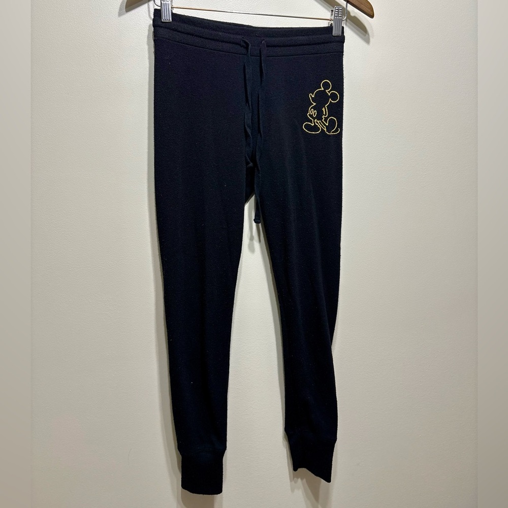Disney Mickey Mouse Embroidered Jogger Sweatpants Black Gold Drawstring Small